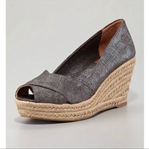 Tory Burch Gray Linen Espadrille Wedge Peep Toe